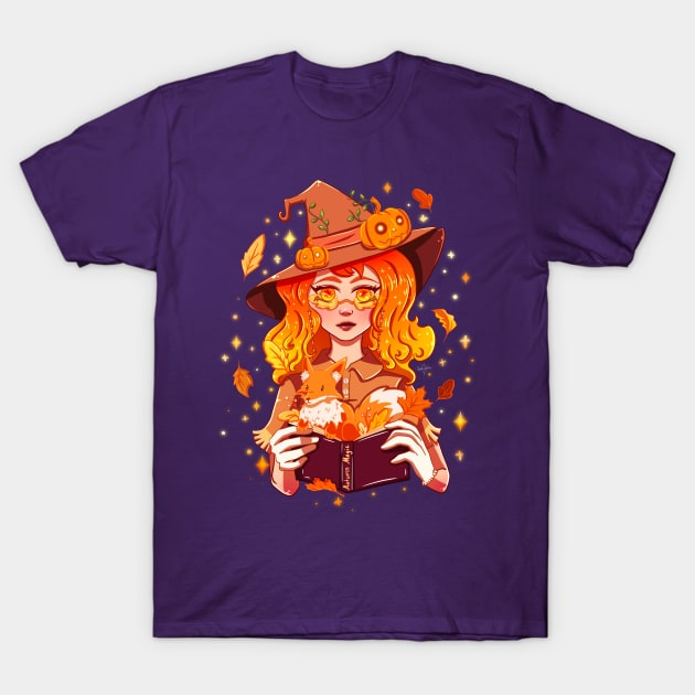 Fall Autumn Magic Witch with Fox and Falling Leaves T-Shirt by SupernovaAda